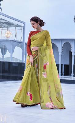 Green printed organza saree with blouse 1