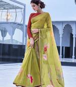 Green printed organza saree with blouse