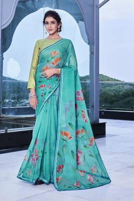 Green printed organza saree with blouse 1
