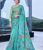 Green printed organza saree with blouse