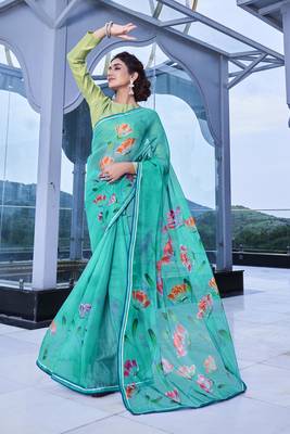 Green printed organza saree with blouse 2