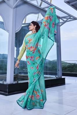 Green printed organza saree with blouse 3