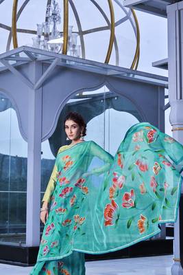 Green printed organza saree with blouse 4