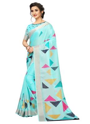 Sky blue printed cotton saree with blouse 3