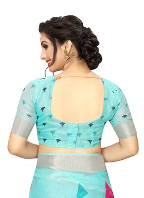 Sky blue printed cotton saree with blouse 6