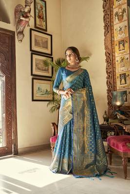 Blue woven banarasi saree with blouse 1