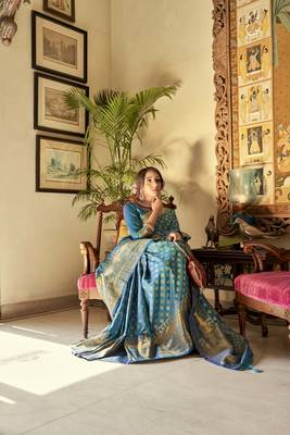 Blue woven banarasi saree with blouse 2