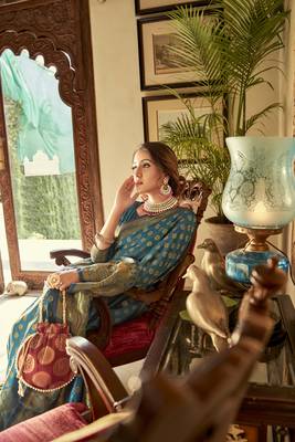 Blue woven banarasi saree with blouse 4