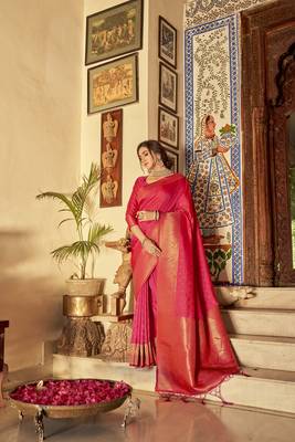 Rani pink woven banarasi saree with blouse 1