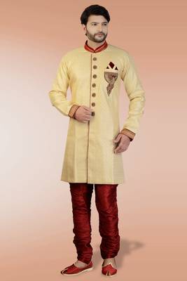Beige embroidered silk sherwani 1
