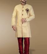 Beige embroidered silk sherwani