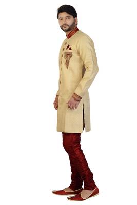 Beige embroidered silk sherwani 3