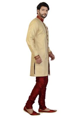 Beige embroidered silk sherwani 4