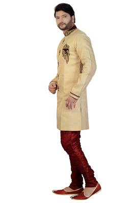 Beige embroidered silk sherwani 3