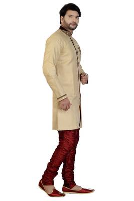 Beige embroidered silk sherwani 4