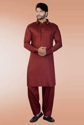 Maroon plain satin pathani-suits 1