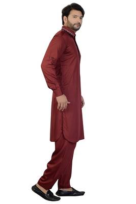 Maroon plain satin pathani-suits 4