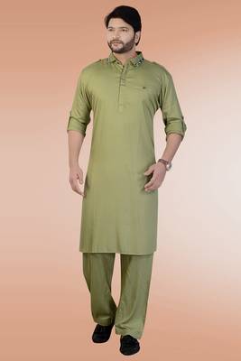 olive Green plain satin pathani-suits 1
