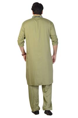 olive Green plain satin pathani-suits 2