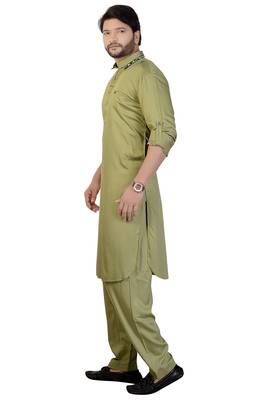 olive Green plain satin pathani-suits 3