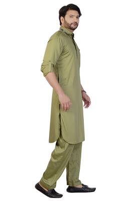 olive Green plain satin pathani-suits 4