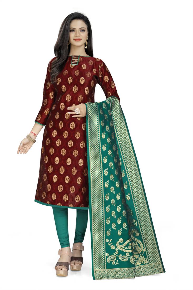  Maroon Banarasi silk Unstitched dress material