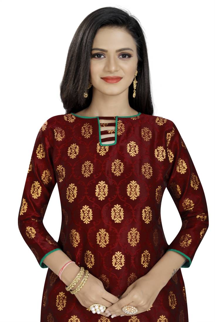  Maroon Banarasi silk Unstitched dress material