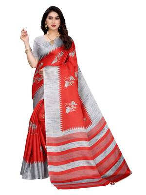 Red printed khadi saree with blouse 1