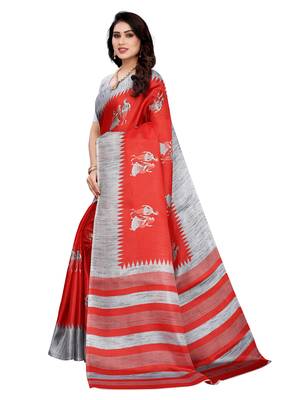 Red printed khadi saree with blouse 2