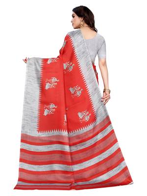 Red printed khadi saree with blouse 3