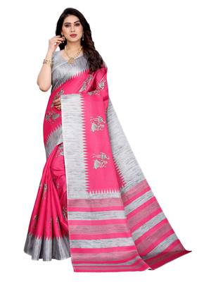 Pink printed khadi saree with blouse 1