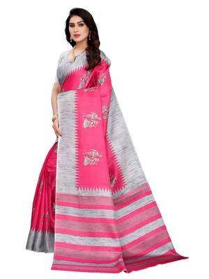Pink printed khadi saree with blouse 2