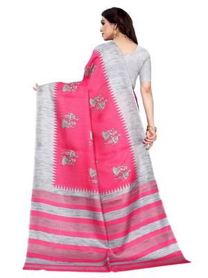 Pink printed khadi saree with blouse 3