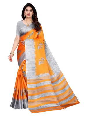 Orange printed khadi saree with blouse 1