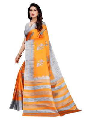 Orange printed khadi saree with blouse 2