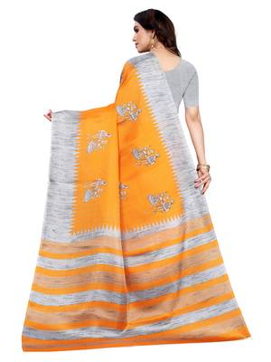 Orange printed khadi saree with blouse 3