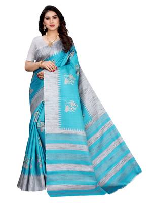 Blue printed khadi saree with blouse 1