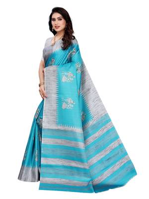Blue printed khadi saree with blouse 2