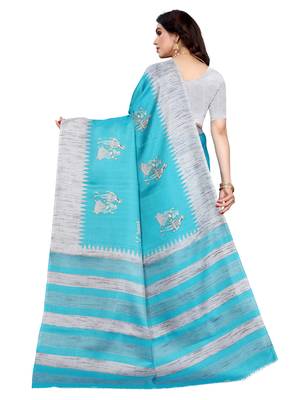 Blue printed khadi saree with blouse 3