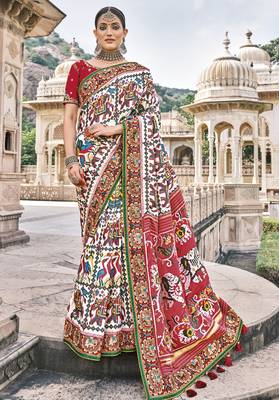 White printed pure silk saree with blouse 1
