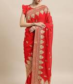 Janasya Red embroidered faux georgette saree with blouse