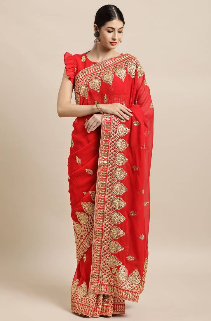 Janasya Red embroidered faux georgette saree with blouse