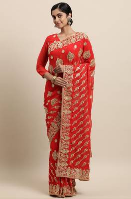 Janasya Red embroidered faux georgette saree with blouse 1