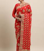 Janasya Red embroidered faux georgette saree with blouse