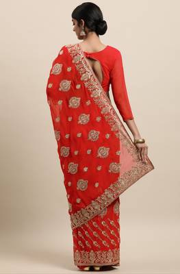 Janasya Red embroidered faux georgette saree with blouse 2