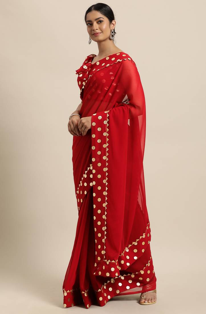 Janasya Red printed faux georgette saree with blouse