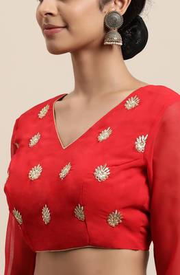 Janasya Red embroidered faux georgette saree with blouse 4