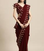 Janasya Brown printed faux georgette saree with blouse