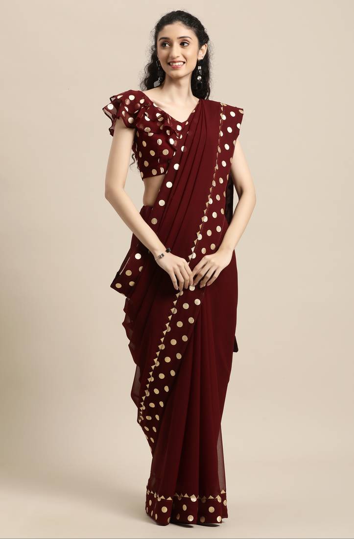 Janasya Brown printed faux georgette saree with blouse