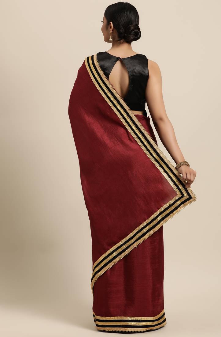 Janasya Maroon plain art silk saree with blouse